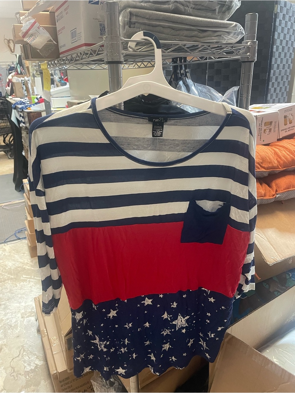 Rue21 Navy, White & Red Striped Star Print Top